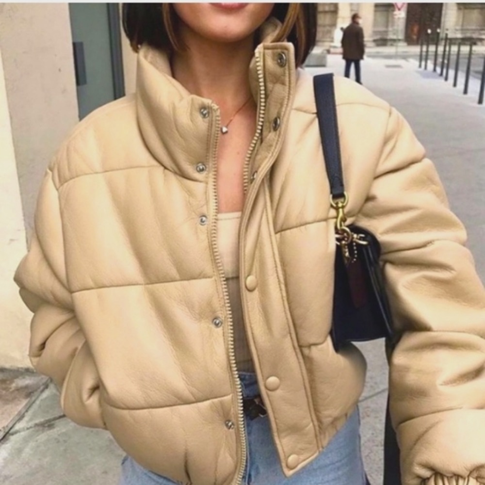 Tan faux leather puff cropped jacket - Zara - XS